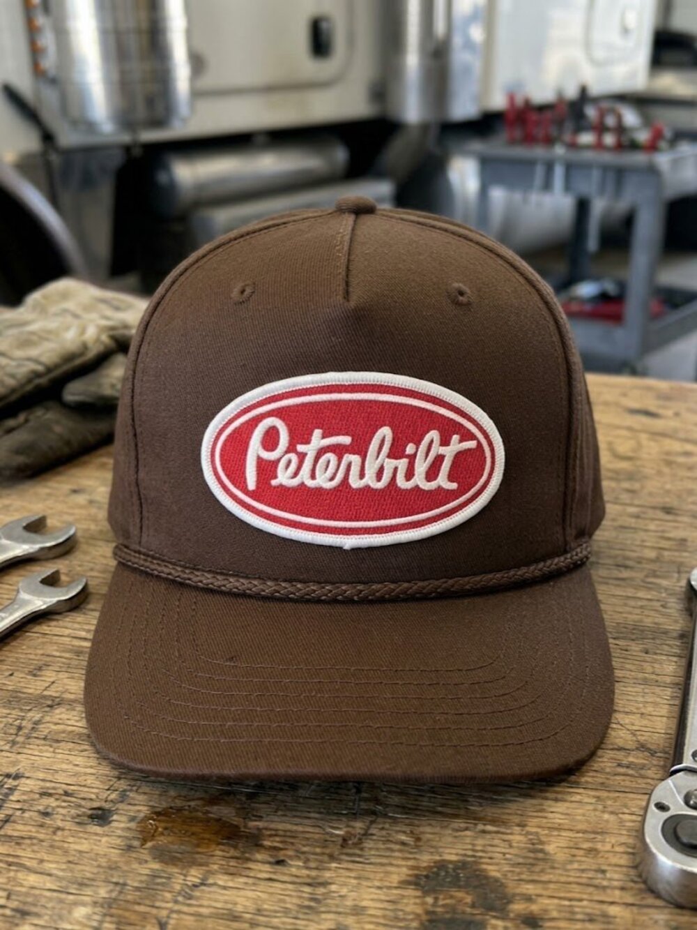 Vintage Peterbilt Hat Red Oval Logo Patch Brown Cloth Rope Snapback Cap Truck Ne